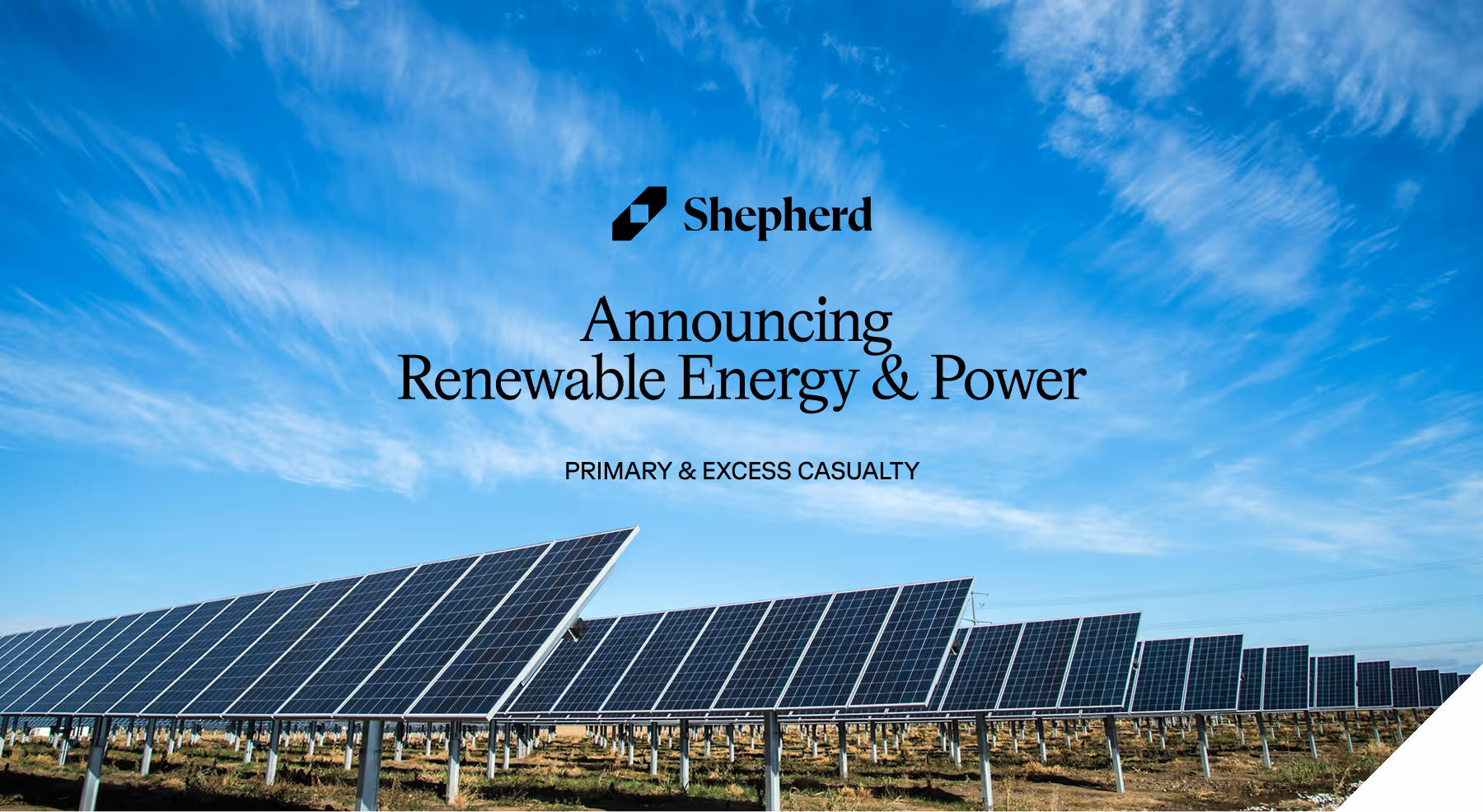 Shepherd announces Renewable Energy & Power, with solar panels under a blue sky.