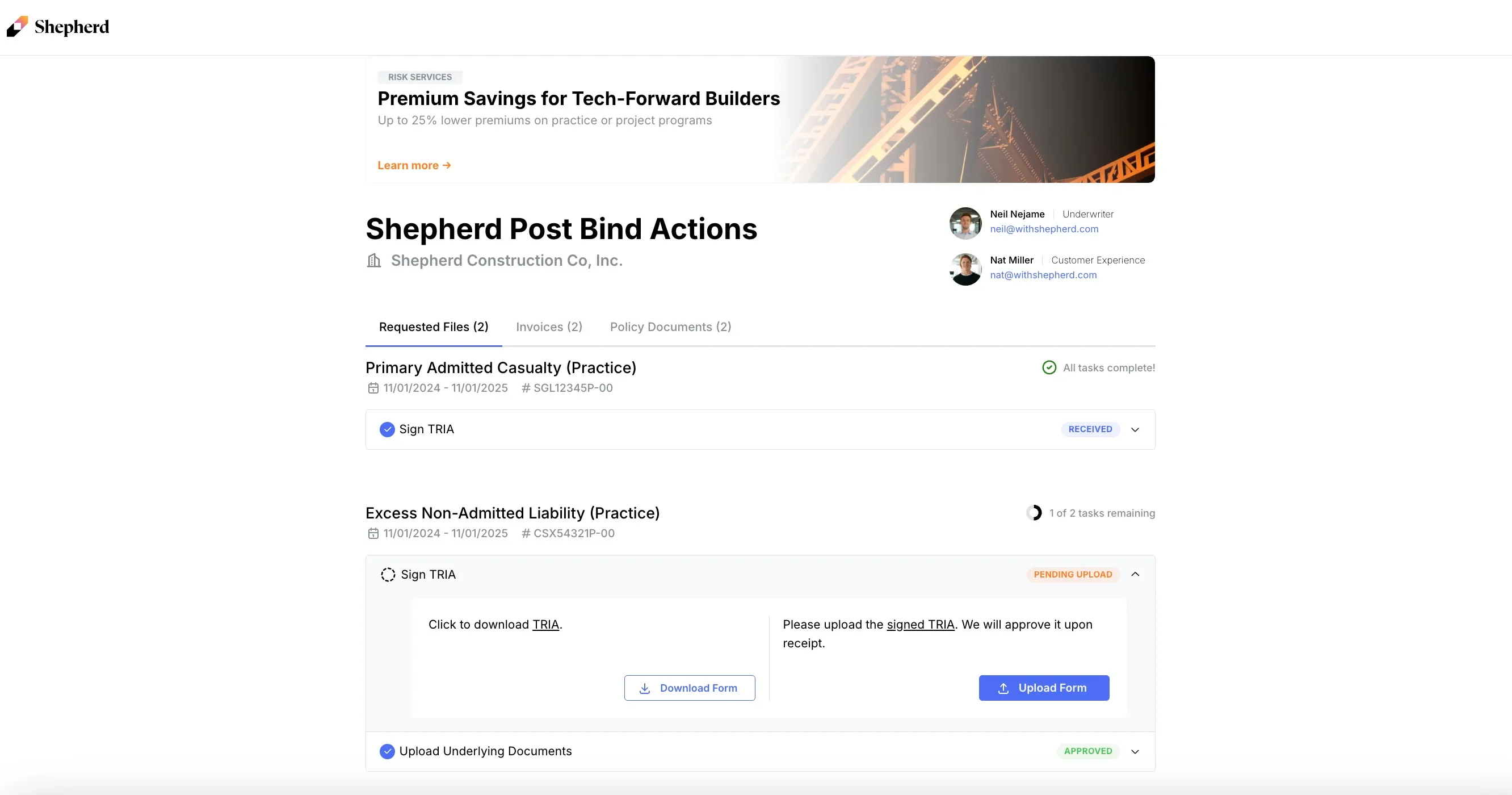 Shepherd post-bind actions interface showing a policy workspace.