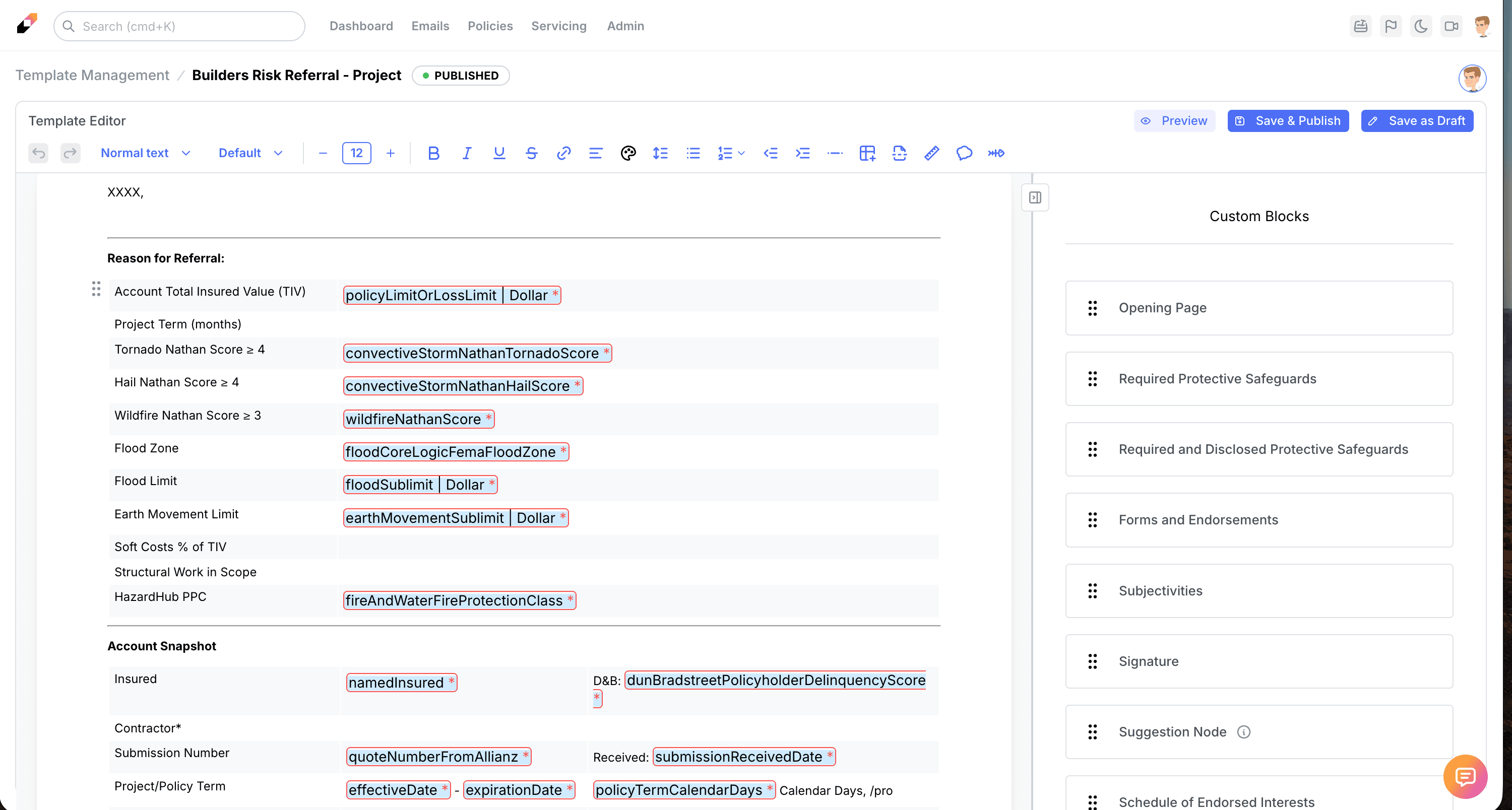 Shepherd underwriting platform showing an account workspace and its submissions.